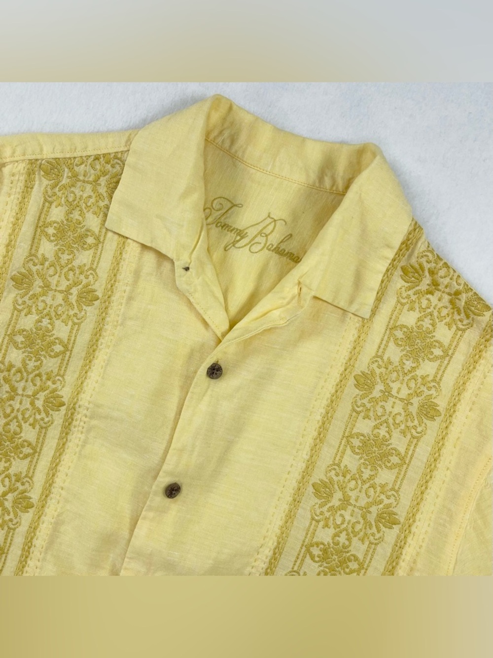 Tommy Bahama Shirt Men M Yellow Embroidered Striped Linen Button Up Beach Preppy